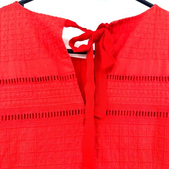 J Crew Size 0 Tunic Red Stripe Bell Ruffle Sleeve Open Keyhole Tie Back Workwear - Picture 4 of 7